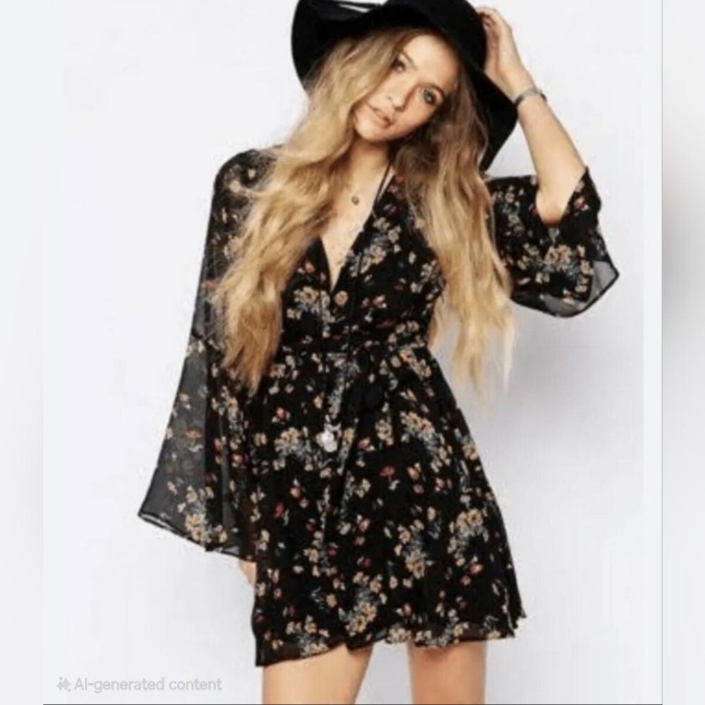Free People Lilou Black Floral Bell Sleeve Boho Dress